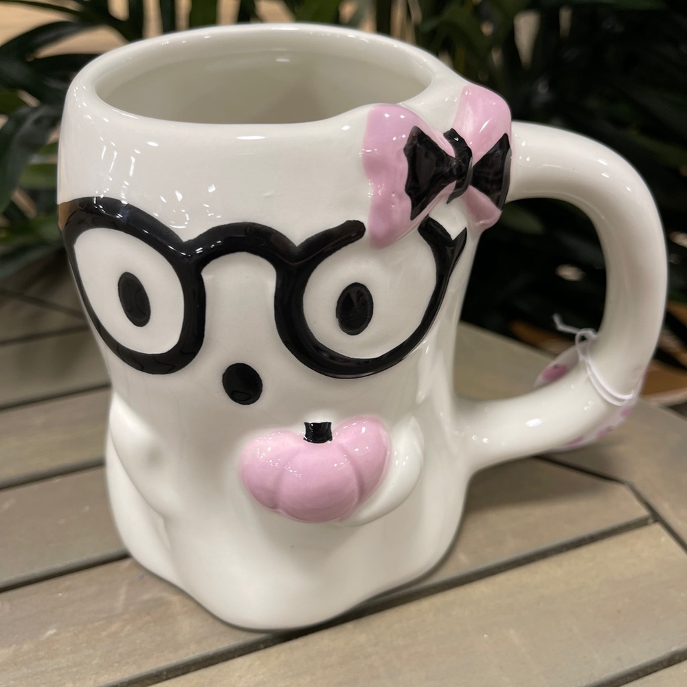 Halloween Girl Ghost w/ Purple Pumpkin, Bow & Glasses Ceramic Coffee mug NEW 👻